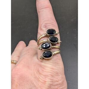 Vintage Silver Tone Single Finger 4 Band Stacked Blue Glass Ring Size 7.25